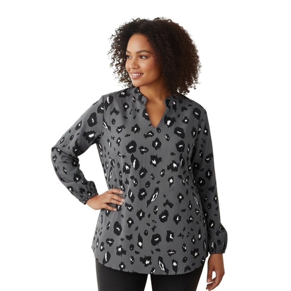SHEIN CURVE 3X Gray Blouse Black White Leopard V Neck Silky R $35